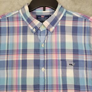 VINEYARD VINES Slim Fit Tucker Shirt Mens Large Short Sleeve Blue Pink‎ Plaid